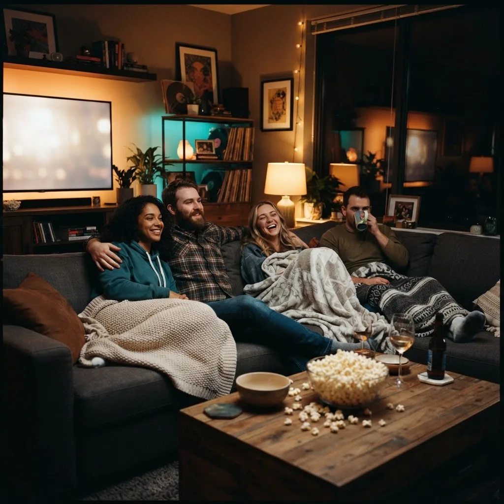 Friends watching IPTV live TV entertainment together on a couch at home