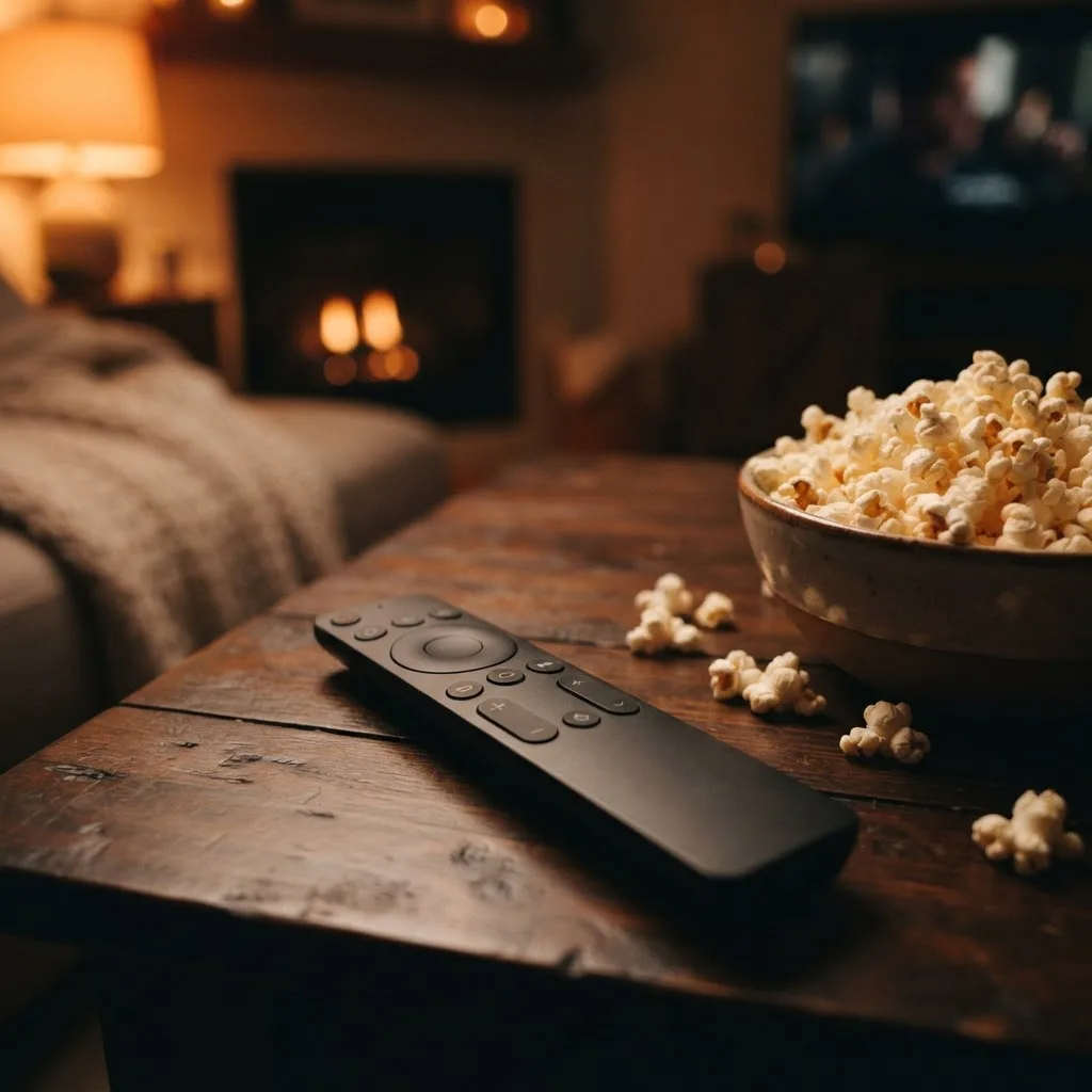 IPTV streaming remote control resting beside a bowl of popcorn