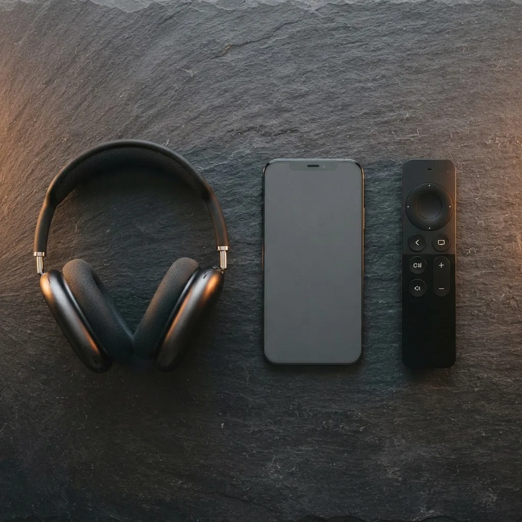 IPTV streaming remote, headphones, and a smartphone for on-demand entertainment