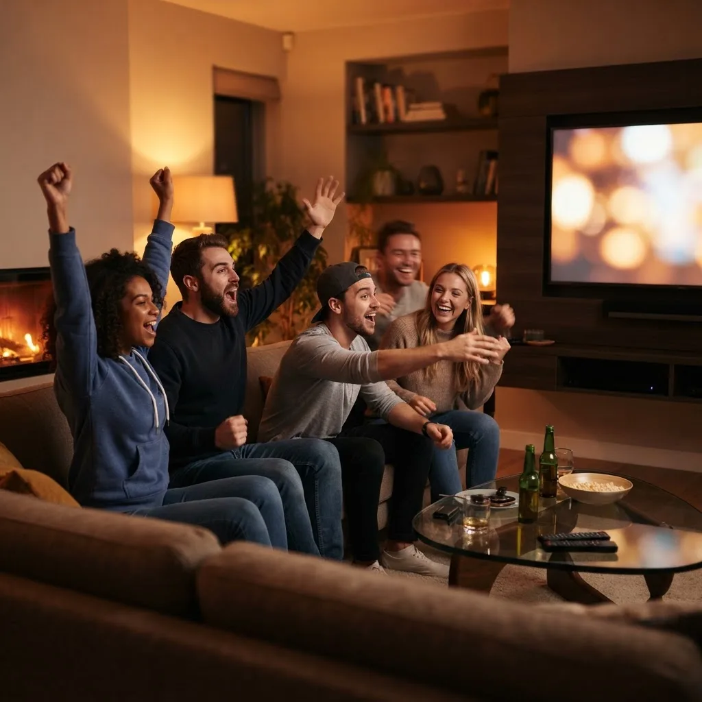 Friends watching live sports streaming on IPTV together in a living room